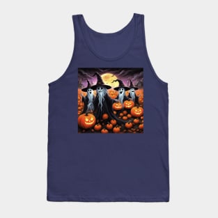 Fun Halloween Ghost Wearing Witches Hats With Jack O Lanterns Tank Top